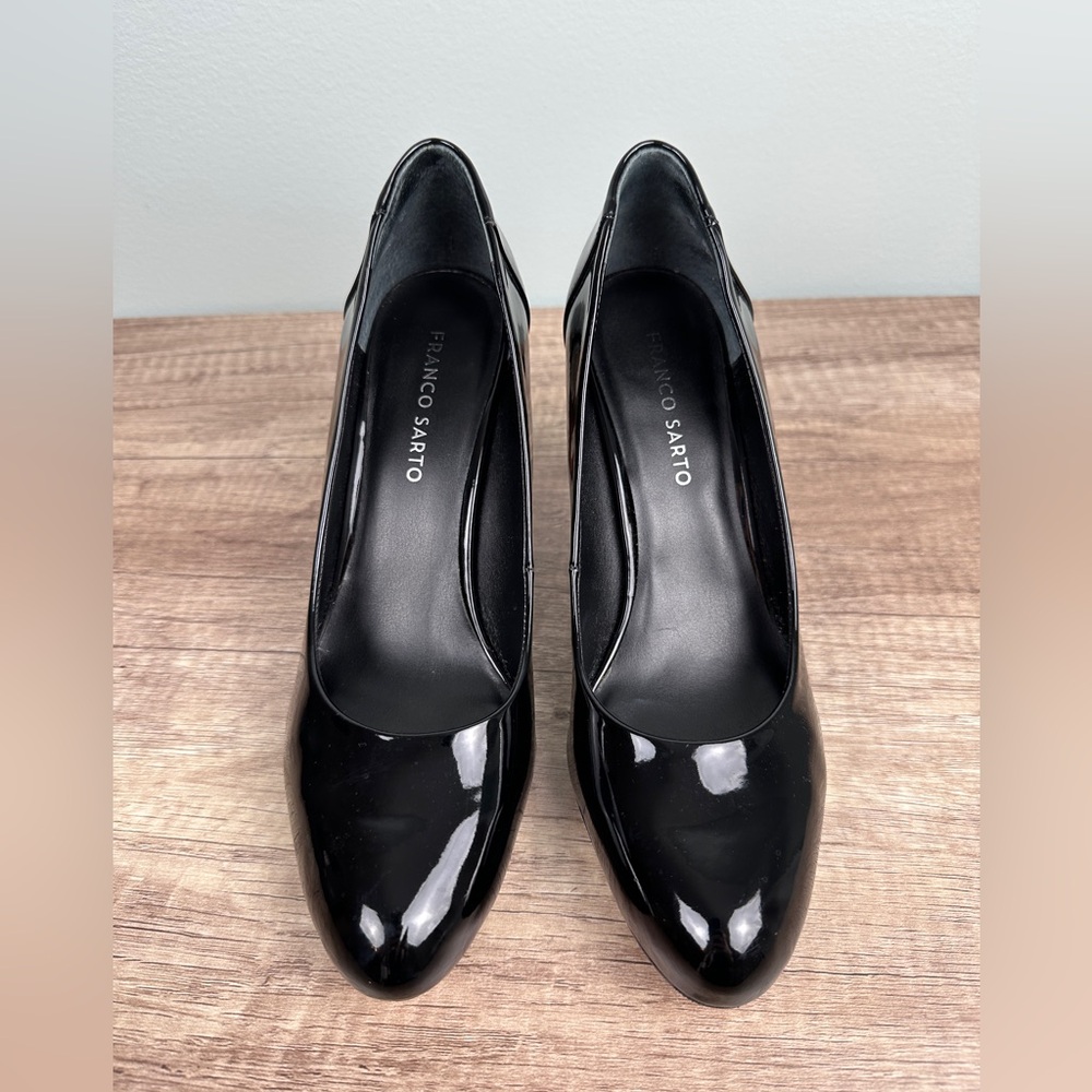 Women’s platform pumps, size 9, black patent leather, Franco Sarto